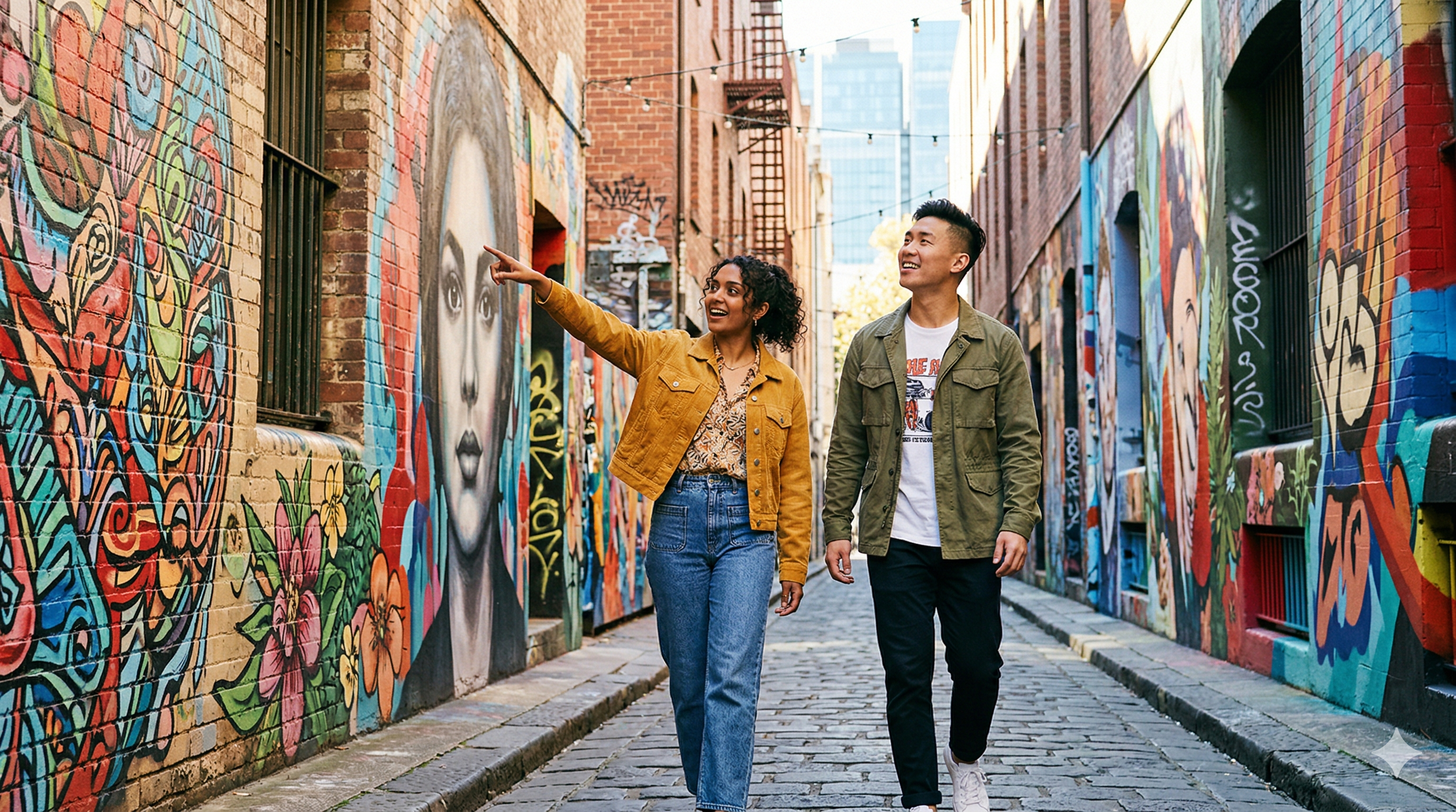 Two people walking through a colorful street art laneway