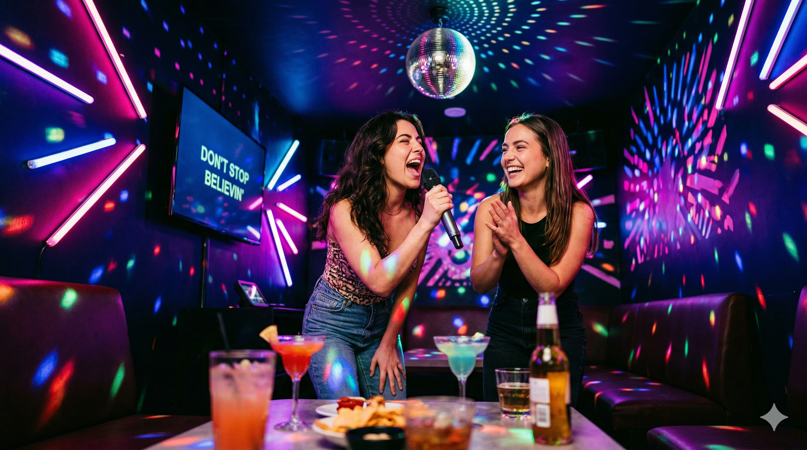 Two women singing karaoke in a neon-lit room