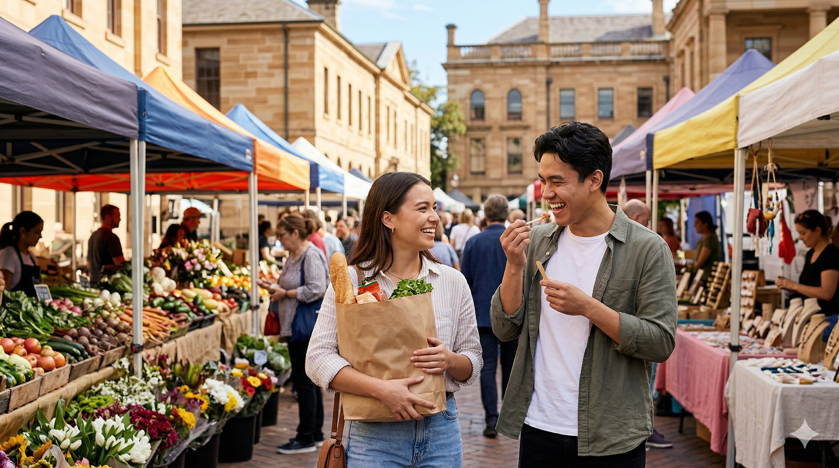 Two people browsing an outdoor weekend market