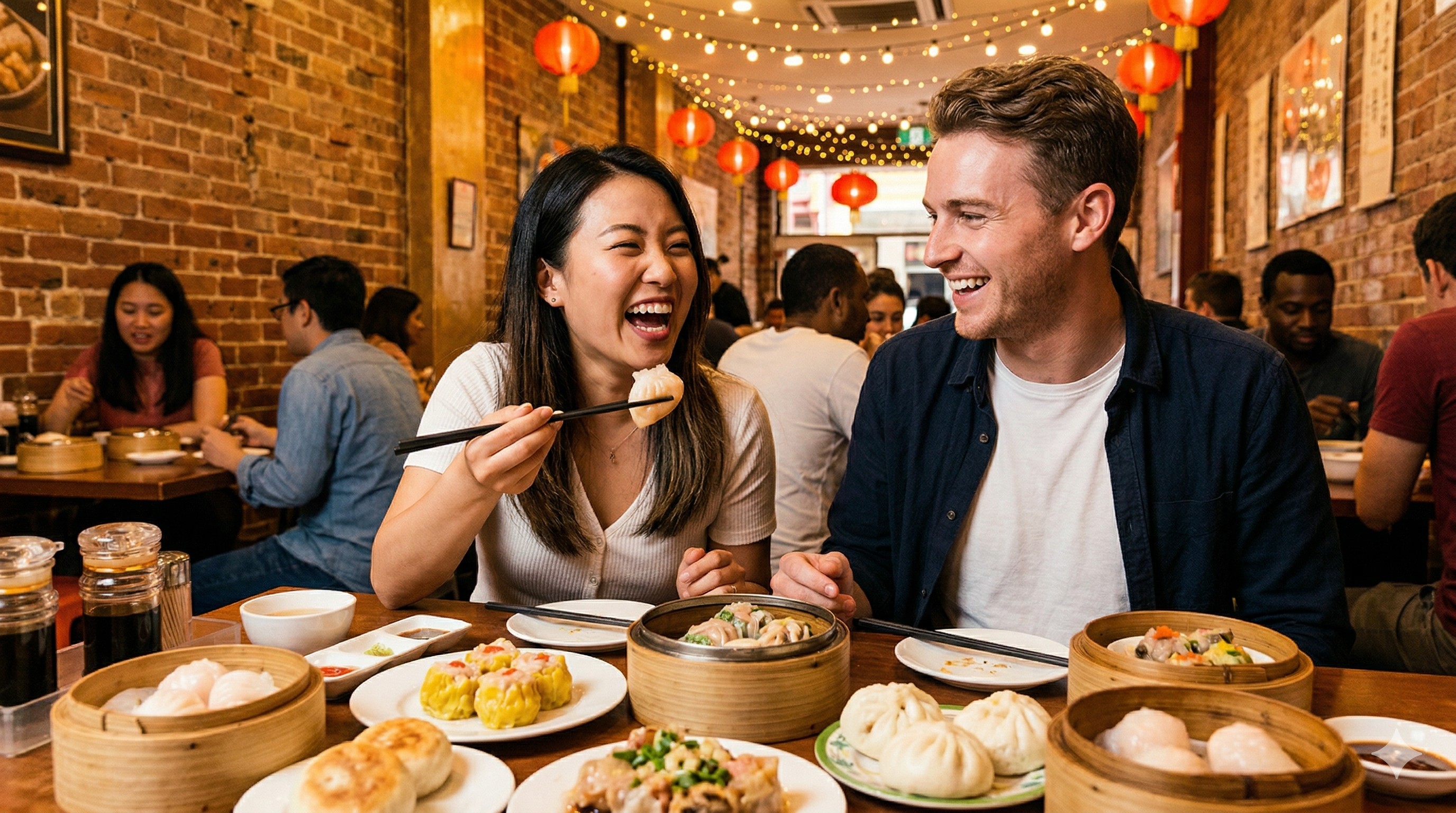 Two people sharing dim sum in a Chinatown restaurant